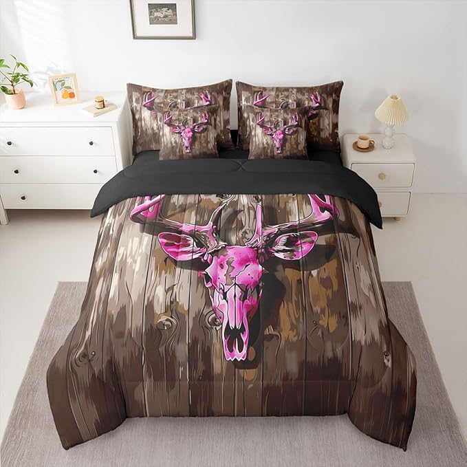 Erosebridal Aztec 7 Piece Bedding Set Twin Deer Skull Comforter Set with Sheets Board Camouflage Farmhouse Hunt Bed in a Bag Hunting Theme Purple Beige for Teens Men Women
