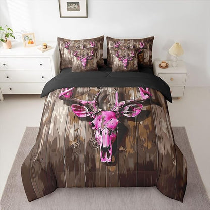 Erosebridal Aztec 7 Piece Bedding Set Full Deer Skull Comforter Set with Sheets Board Camouflage Farmhouse Hunt Bed in a Bag Hunting Theme Purple Beige for Teens Men Women