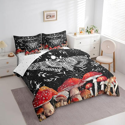 Feelyou Death Moth Bedding Set with Comforter, Full Size 7Pcs Halloween Decorations Comforterative Cute Mushroom Bed in a Bag with Comforter, Boho Moth Room Decor