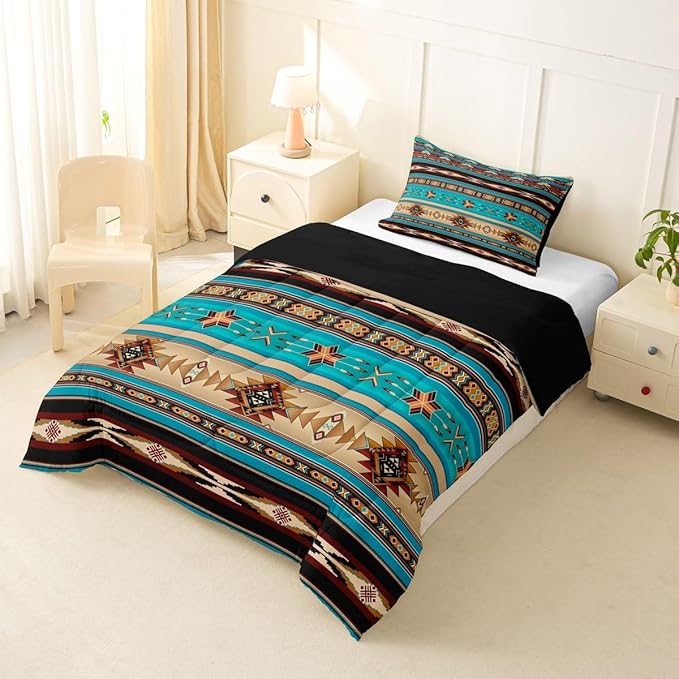 Aztec Bedding Set Ethnic Tribal Arrow Comforter Set,Vintage Southwestern Native Bohemian Quilt Twin,Western Star Duvet Insert Exotic Geometric Diamond Stripes Room Decor,Teal Blue and Brown
