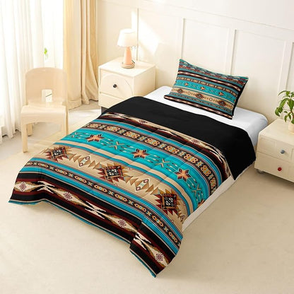 Aztec Bedding Set Ethnic Tribal Arrow Comforter Set,Vintage Southwestern Native Bohemian Quilt Twin,Western Star Duvet Insert Exotic Geometric Diamond Stripes Room Decor,Teal Blue and Brown