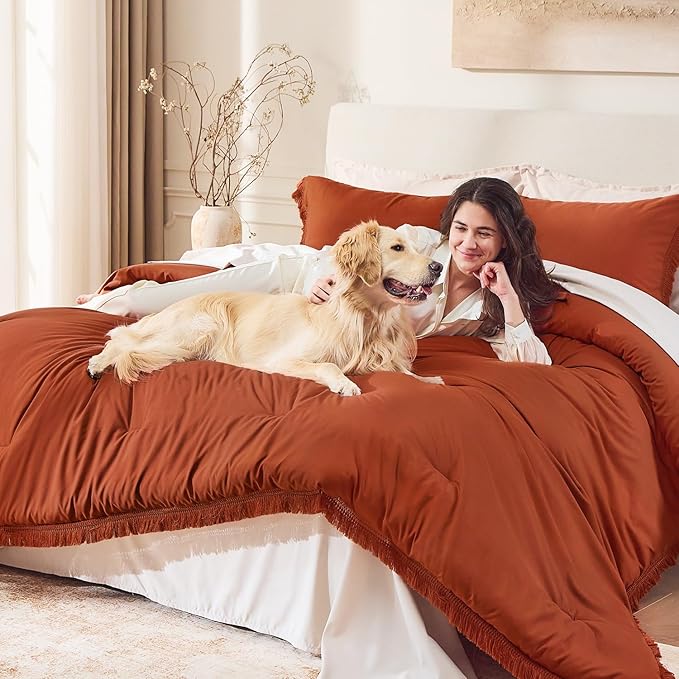 Andency Queen Comforter Set Burnt Orange, 3 Pieces Boho Terracotta Fall Tassel Lightweight Bedding Comforter Sets, All Season Rust Soft Bed Set (90x90In Comforter & 2 Pillowcases)