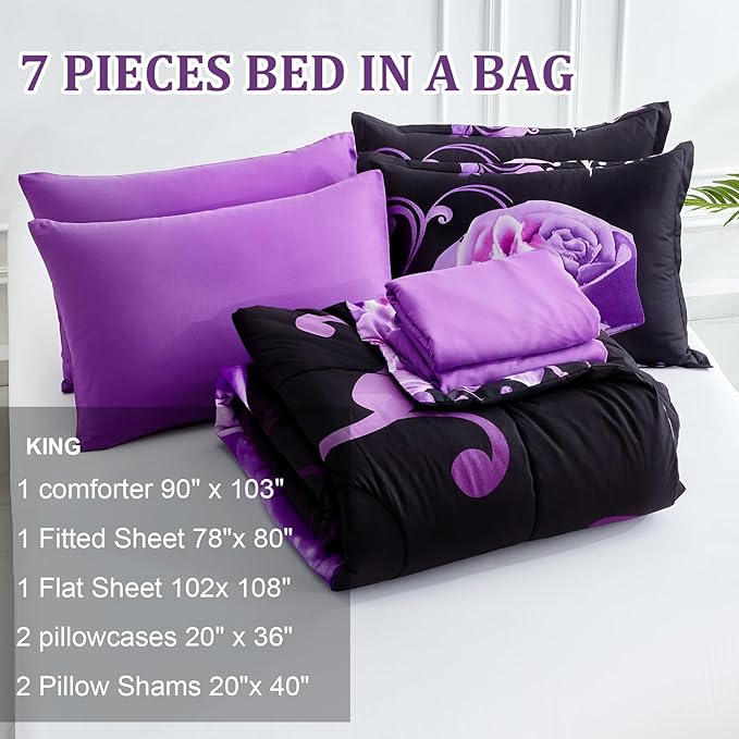 WONGS BEDDING Purple Comforter Set King, Reversible Purple Rose 7 Pieces Bed in a Bag, Lightweight Soft Microfiber Bedding Sets with Flat Sheet, Fitted Sheet, Pillowcases & Shams