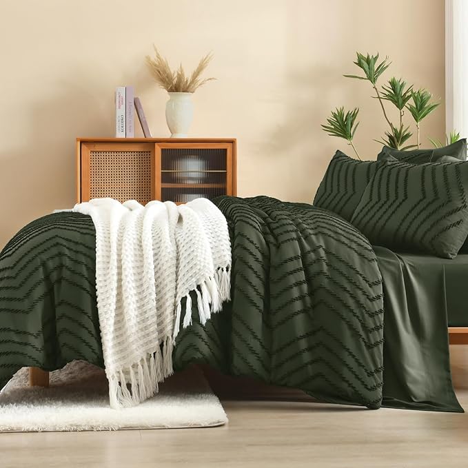 Litanika Oversized Queen Size Comforter Set with Sheets Olive Green - 7 Pieces Bed in a Bag Oversized King Boho Tufted Complete Bedding Sets with Comforter, Sheets, Pillowcases & Shams