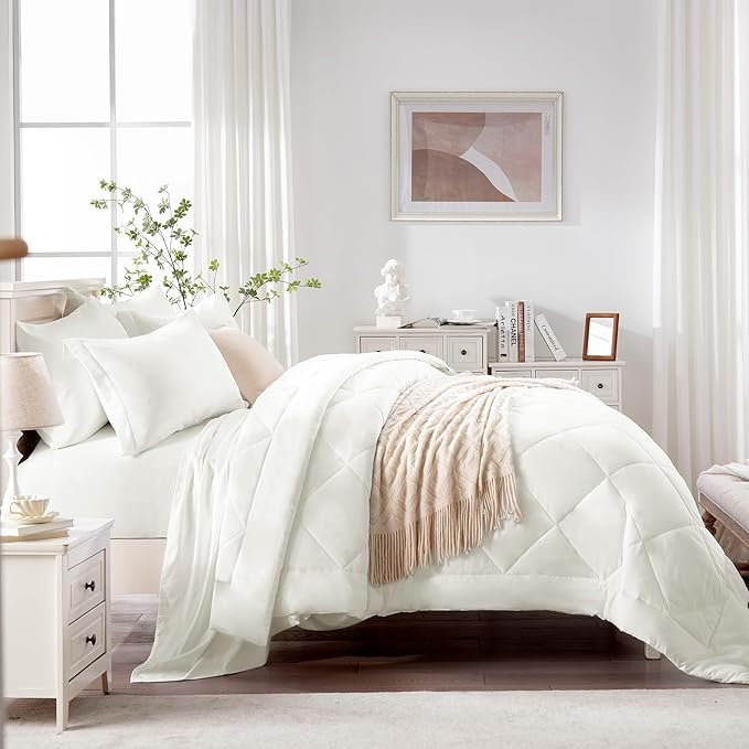 Love's cabin Twin XL Comforter Set Ivory, 5 Pieces Twin XL Bed in a Bag, All Season Bedding Sets with 1 Comforter, 1 Flat Sheet, 1 Fitted Sheet, 1 Pillowcase and 1 Pillow Sham