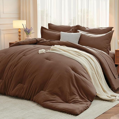 MUXHOMO 7 Pieces California King Comforter Set, Soft Bed in a Bag Cal King Size, All Season Bedding Set with Comforter, Flat Sheet, Fitted Sheet, Pillowcases & Shams, Brown