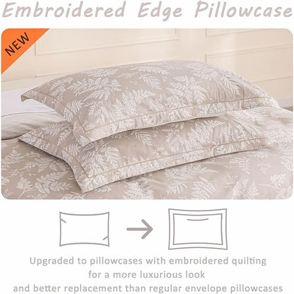 Natural Cotton 3pcs Botanical Comforter Sets Queen Size-Dusty Pink Comforter with Luxurious White Leaves & Branches, Reversible Lightweight Beige Bedding Sets(Full/Queen)