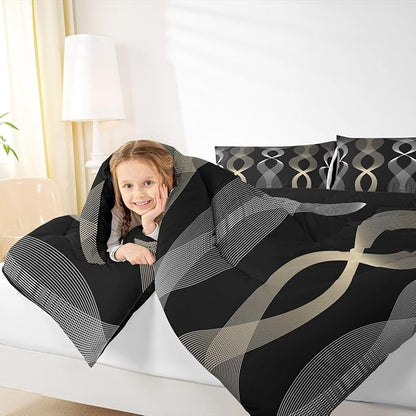 Erosebridal Black and Gold King Comforter Set, Gold Striped Bedding Set for Men Women Adults Teens, Contemporary Boho Modern Art Comforter, Ombre Geometric Stripes Artistic Abstract Quilt