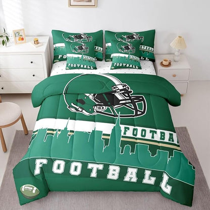 Erosebridal Football 7 Pcs Comforter Set Twin Football City Bedding for Men Boys Green Football Fans Sheet Set Bed in A Bag Rugby Game Room Decor Sports Ball Competition Quilt