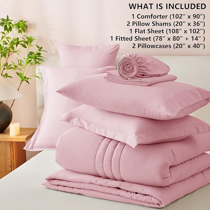 CozyLux King Comforter Set - 7 Pieces Bed in a Bag Pink Comforter Set with Sheets Luxury Bed Set All Seasons, Soft Bedding Set with Down Alternative Comforter, Sheets, Pillowcases & Shams