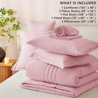 CozyLux King Comforter Set - 7 Pieces Bed in a Bag Pink Comforter Set with Sheets Luxury Bed Set All Seasons, Soft Bedding Set with Down Alternative Comforter, Sheets, Pillowcases & Shams