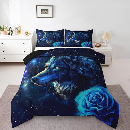 Galaxy Wolf Comforter Set for Kids Adults,Romantic Rose Mystery Universe Bedding Comforter Sets Twin,Tie Dyed Starry Sky Quilt Comforter with 1 Pillowcase for All Season Bedroom