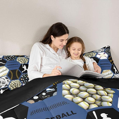 Erosebridal Sports Comforter King Size,Baseball Bedding for Kids Boys,Baseball Player Comforter Sets,Vintage Ball Patchwork Honeycomb Duvet Insert with 2 Pillowshams Lightweight Warm