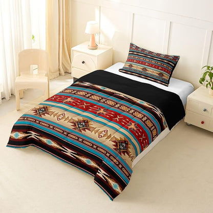 Aztec Bedding Set Ethnic Tribal Arrow Comforter Set,Vintage Southwestern Native Bohemian Quilt Twin,Western Star Duvet Insert Exotic Geometric Diamond Stripes Room Decor,Red Blue Dark Brown