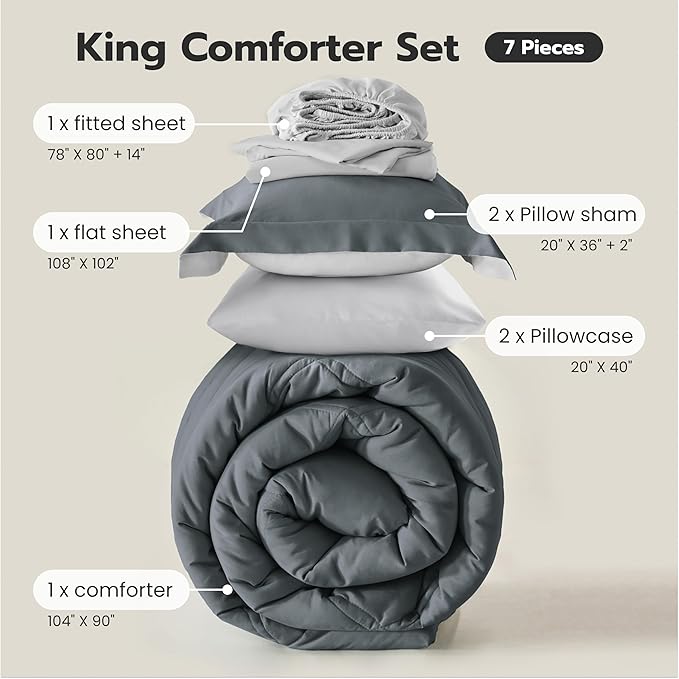 Joiedomi King Size Comforter Set with Sheets Dark Grey, 7 Pieces King Bedding Set with 1 Down Alternative Comforter, 1 Flat Sheet, 1 Fitted Sheet, 2 Pillowcases and 2 Pillow Shams, Bed in a Bag