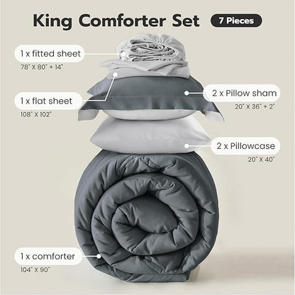 Joiedomi King Size Comforter Set with Sheets Dark Grey, 7 Pieces King Bedding Set with 1 Down Alternative Comforter, 1 Flat Sheet, 1 Fitted Sheet, 2 Pillowcases and 2 Pillow Shams, Bed in a Bag