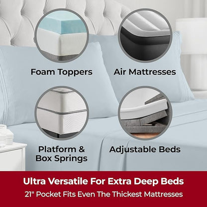 Mellanni Extra Deep Split King Sheets - 5 PC Iconic Collection Bedding - Hotel Luxury, Ultra Soft, Cooling Bed Sheets - Wrinkle, Fade, Stain Resistant (Split King, Spa Blue)