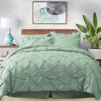 JOLLYVOGUE Queen Comforter Set 7 Pieces, Green Bed in a Bag Comforter Set for Bedroom, Bedding Comforter Sets with Comforter, Sheets,Ruffled Shams & Pillowcases