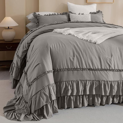 QSH Grey Oversized King Comforter Set 120x120, Farmhouse Ruffled Bed Comforter Gray French Country Rustic Vintage Comforter Microfiber Soft Lightweight Fluffy Shabby Bedding 3 PCs