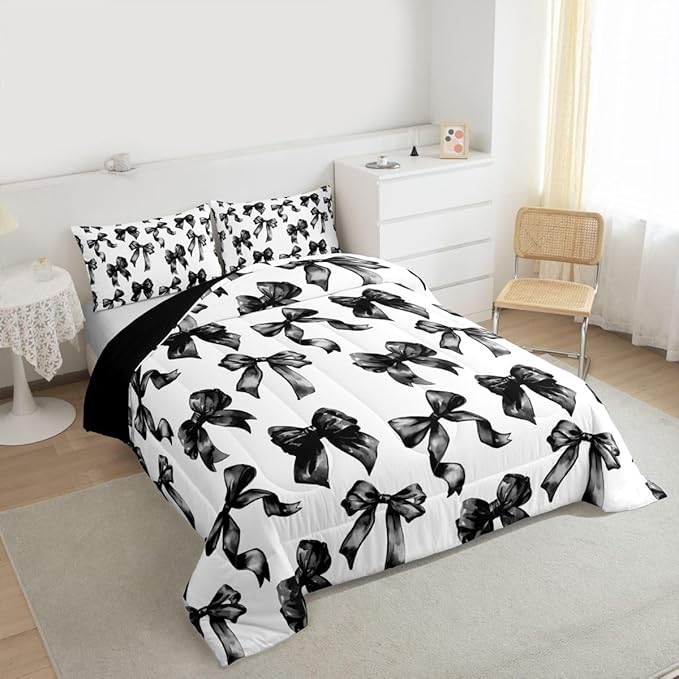 Erosebridal Bow Comforter Set Full Black and White Bowknot Bedding Set for Kids Teen Adults,Modern Simple Fashion Aesthetic Comforter Sets Black Watercolor Butterfly Knot Quilt Duvet