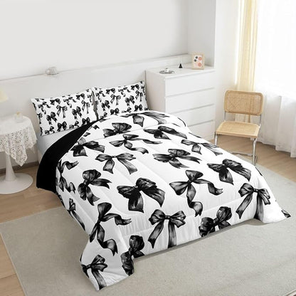 Erosebridal Bow Comforter Set Full Black and White Bowknot Bedding Set for Kids Teen Adults,Modern Simple Fashion Aesthetic Comforter Sets Black Watercolor Butterfly Knot Quilt Duvet