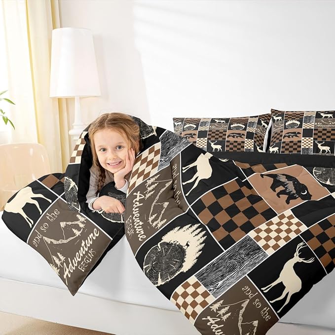 Boys Bear Deer Plaid Comforter Set, Rustic Cabin Lodge Bedding For Kids Bedroom, Brown Black Buffalo Quilt Hunting Wildlife Camping Farmhouse Patchwork Duvet Insert Deer Decorations For Home, Full