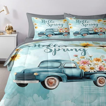 Nesker 7 Pcs Spring Comforter Set Full Size, Truck Flowers Farmhouse Bedding Set for Kids and Adults, Blue Daisy Bed Sheet Sets with Fitted Sheet 2 Pillowcases & 2 Shams