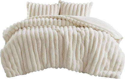 Madison Park Jasmine Queen Comforter Set, Luxurious Reversible Faux Fur Plush Ribbed Velvet Bedding, Fuzzy Thick Warm Winter Comforter, Super Soft Fluffy 3-Piece Set Ivory