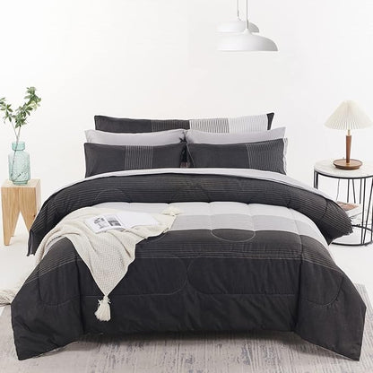 RYNGHIPY 8Pcs Revsible Grey Black Striped Down Alternative Comforter Bedding Collections, Lightweight All Season Striped Bedding Comforters Sets for Queen Bed (Queen,Grey Black)