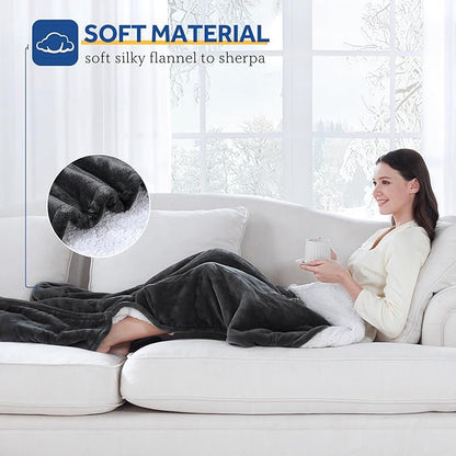 Sealy Electric Blanket with Foot Pocket for Adults, Flannel & Sherpa Heated Blanket Throw with 6 Heating Levels & 2-10 Hours Auto Shut Off, Fast Heating & Machine Washable, 50x62 Inch, Dark Grey