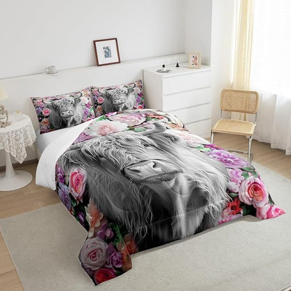 Erosebridal Highland Cow Comforter Set Queen Size Rose Flower Bedding Set for Kids Girls Boys Teens Adult Western Wild Animal Bull Cattle Down Comforter Funny Farmhouse Comforter Pink Grey