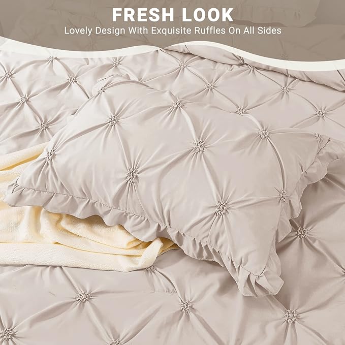 JOLLYVOGUE Beige Twin Size Comforter Sets 5 Pieces,Pintuck Bed in a Bag Comforter Set for Bedroom, Bedding Comforter Sets with Comforter, Sheets,Ruffled Shams & Pillowcases