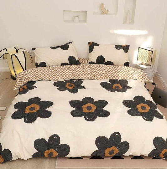 KAREVER Black Floral Comforter Set Black Botanical Bedding Queen Women Chic Blankets Lightweight Black Sunflower Reversible Bed Comforter Set Queen Size
