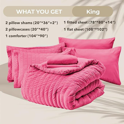 HYMOKEGE Hot Pink King Size Comforter Set Seersucker 7 Pieces, All Season Luxury Bed in a Bag for Bedroom, Bedding Set with Comforter, Sheets, Pillowcases & Shams