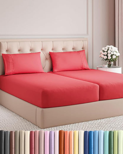 Split King Size 5 Piece Sheet Set - Comfy Breathable & Cooling Bed Sheets Set - Hotel Luxury Bedding for Women, Men, Kids, Teens, Boys & Girls - Deep Pockets, Ultra-Soft, Wrinkle Free - Oeko-Tex - Red