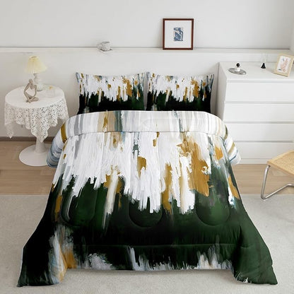 Erosebridal Green Emerald Comforter King Oil Painting Stripe Bedding Set, Brush Marks Contemporary Ombre Down Comforter Watercolor Graffiti Bed Set, Aesthetic Modern Quilted Duvet