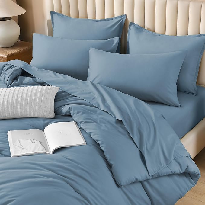 Litanika Comforter King Size Set Grayish Blue - 7 Pieces Bed in a Bag King Bedding Comforter Sets, Plain Lightweight Bed Set with Comforter, Sheets, Pillowcases & Shams