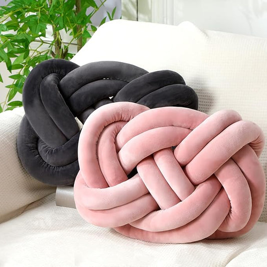 Sintuff Set of 2 Velvet Knot Pillow Ball 14 x 16 Inch Soft Decorative Knotted Throw Pillow for Christmas Thanksgiving Couch Home Sofa Bedroom Decor to Add Comfort and Style(Pink and Gray)