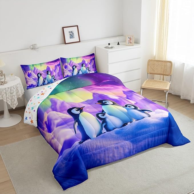 Cartoon Penguin Family Comforter Twin,Watercolor Aurora Neon Purple Green Quilt Comforter with 1 Pillowcase,Cute Wildlife 3D Mountain Bedding Set Comfortable,Soft and Breathable
