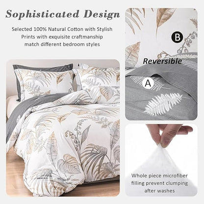 Natural Cotton 3pcs Floral Comforter Sets Queen Size-Gray Comforter with Luxurious Brown Branches and Taupe & Gray Leaves on White, Reversible Lightweight Bedding Sets(Queen)
