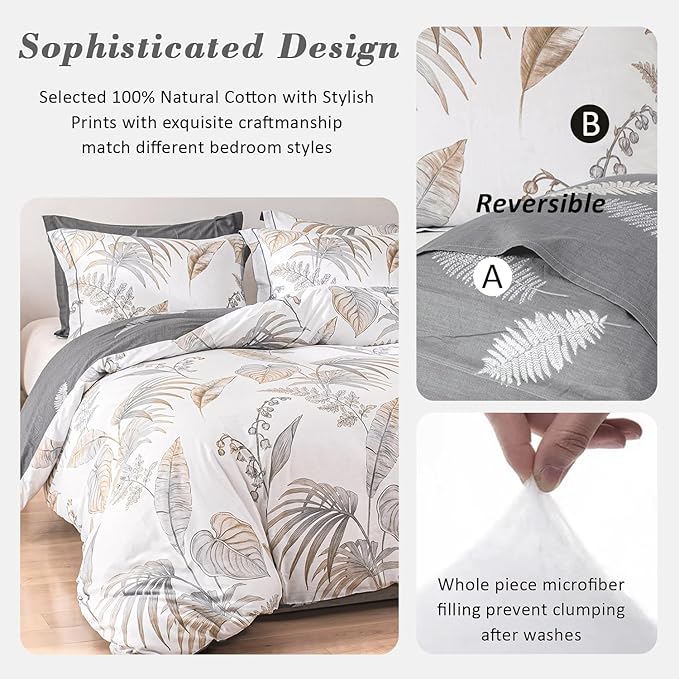 Natural Cotton 3pcs Floral Comforter Sets King Size-Gray Comforter with Luxurious Brown Branches and Taupe & Gray Leaves on White, Reversible Lightweight Bedding Sets(King 104"×90")