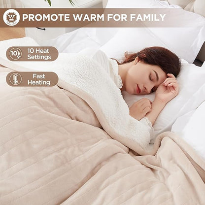 Westinghouse Electric Heated Blanket - Queen Size, Soft Flannel to Sherpa, 10 Heating Levels, 12 Hour Auto Off, Machine Washable, 84x90 Inch, Beige