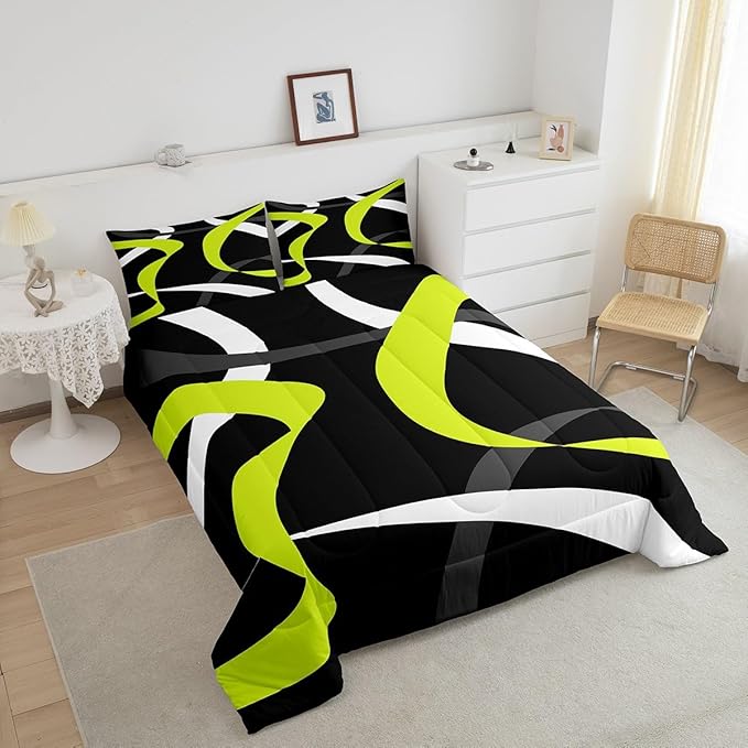 Erosebridal Abstract Black Lime Green Comforter Set Dark Grey White Striped Bedding Set Twin for Kids Boys Teen Men Geometric Swirl Stripes Bedding Comforter Sets Modern Fashion Quilt Duvet