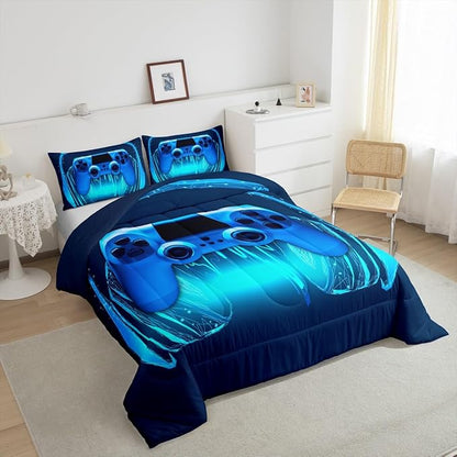 Gamer Comforter Set King Size,Blue Headphones Musical Design Games Gamepad Bedding Set for Kids Boys Video Game Room Decor Retro Playing Gamer Down Comforter Gaming Controller Quilted Duvet Set