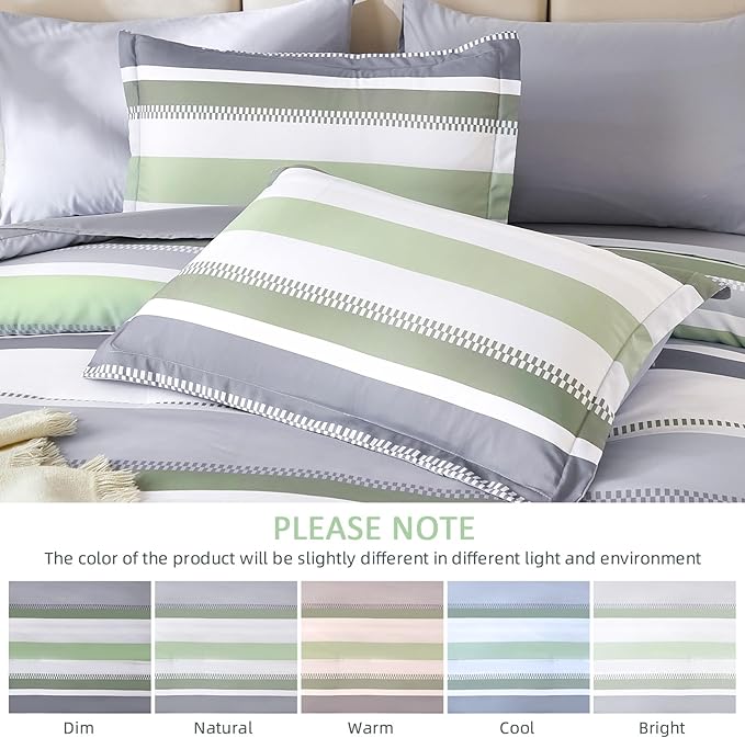 WONGS BEDDING Sage Green Comforter Queen Size Set, 7 Pieces Bed in a Bag Sage Green and Grey Comforter Set, Soft Boho Striped Bedding Sets with Sheets, Pillowcases & Shams