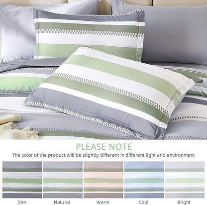 WONGS BEDDING Sage Green Comforter Queen Size Set, 7 Pieces Bed in a Bag Sage Green and Grey Comforter Set, Soft Boho Striped Bedding Sets with Sheets, Pillowcases & Shams