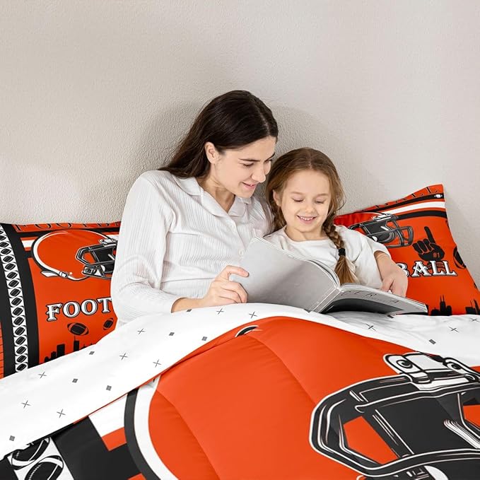 Feelyou Football Bedding Set Boys Girls Comforter Set Twin Size Sports Themed Women Men Rugby Sport Duvet Quilt Football City Black Orange Room Decor