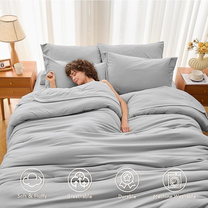 MUXHOMO 5 Pieces Twin Comforter Set, Soft Bed in a Bag Twin Size, All Season Bedding Set with Comforter, Flat Sheet, Fitted Sheet, Pillowcases & Shams, Light Grey