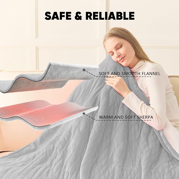greenoak Heated Blanket Electric Twin 62"X84", Heating Blankets with 10 Heat Levels 1/2/4/6/8 Hours Auto-Off, Flannel Sherpa Soft Warm Heater, Dove Grey