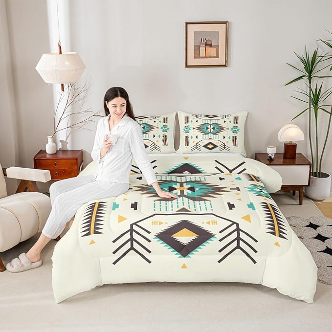 Southwest Comforter Set King Size Rustic Tribal Aztec Style Quilt Set Abstract Art Vintage Bedding Set 3pcs for Women Adults Teens Kids Home Decor Green Brown Arrow Duvet Insert,2 Pillowcases